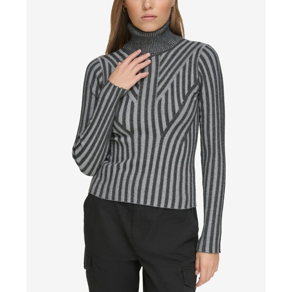 DKNY Jeans Women's Printed Turtleneck Long-Sleeve Sweater Gray Size S MSRP $79